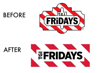 Простой пример — редизайн логотипа для сети ресторанов TGI Fridays. Была значительно упрощена форма лого, удалены знаки препинания и ненужные детали. Так у дизайнера получилось облегчить восприятие и считываемость, при этом сохранить узнаваемые элементы айдентики популярной сети.