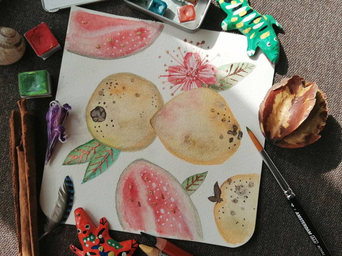 Акварель ков-арт-дак и handy, карандаши derwent, поталь. Бумага 100% хлопок, 300г. Справа - неизвестное семечко удивительного растения. И ящерички гаванские.