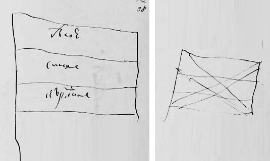 Эскизы флотских флагов в записной книжке Петра I.  Ок. 1699 г