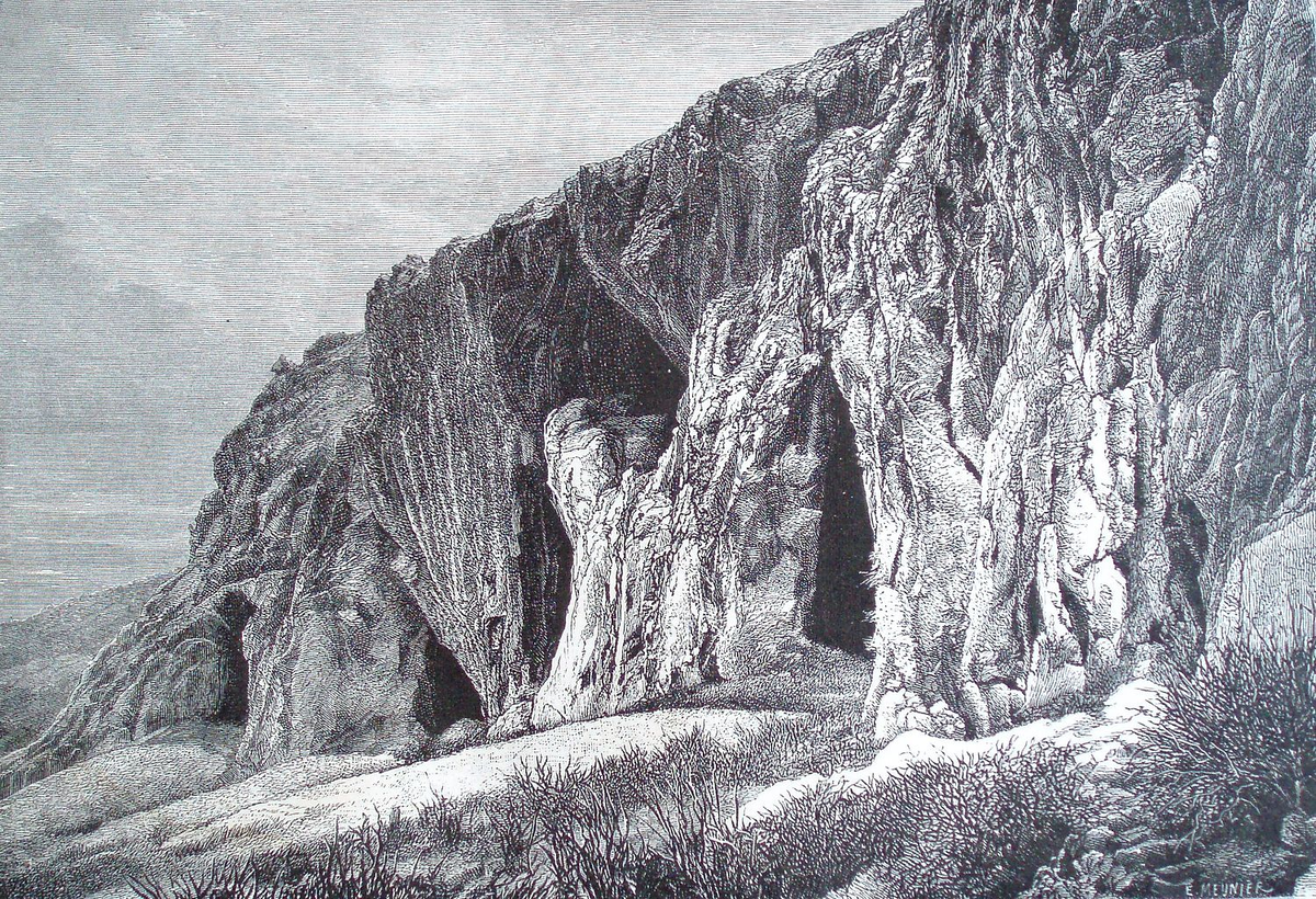 Пещеры в Balzi Rossi (Красных скалах), где были найдены скелеты Гримальди. Изображение из Новой общей географии , 1877 г.