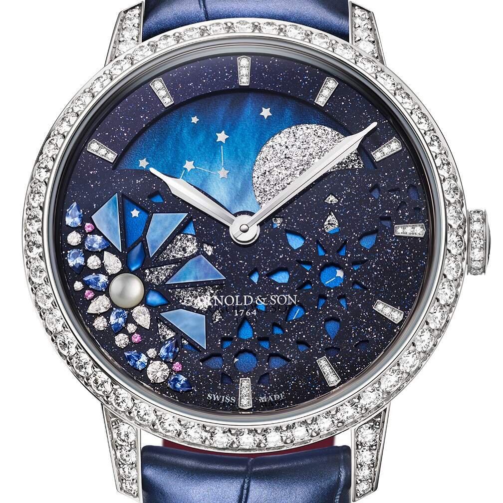 ARNOLD & SON. PERPETUAL MOON ECLIPSE I. Белое золото, ручной завод (ЗХ -90 часов), ø 38 мм, толщина 10.44 мм, лимитированная серия из 18 экз. Авантюрен, рутений, перламутр, бриллианты, сапфиры.