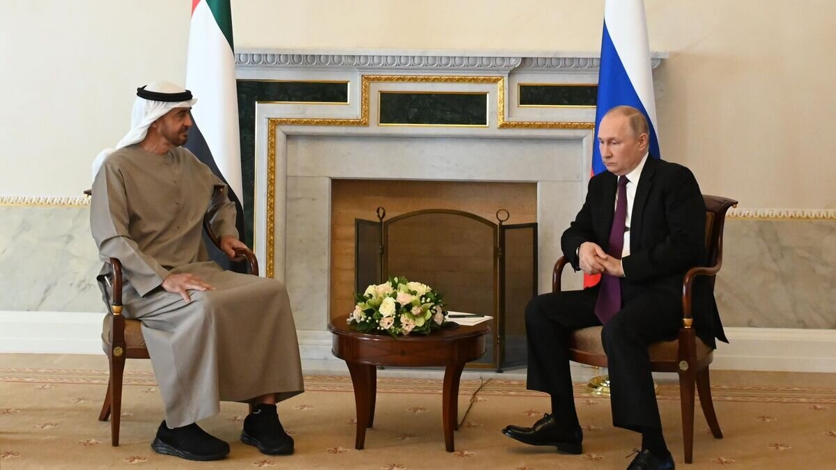    Президент РФ Владимир Путин и президент Объединенных Арабских Эмиратов Мухаммед бен Заид Аль Нахайян во время встречи© РИА Новости / Павел Бедняков
