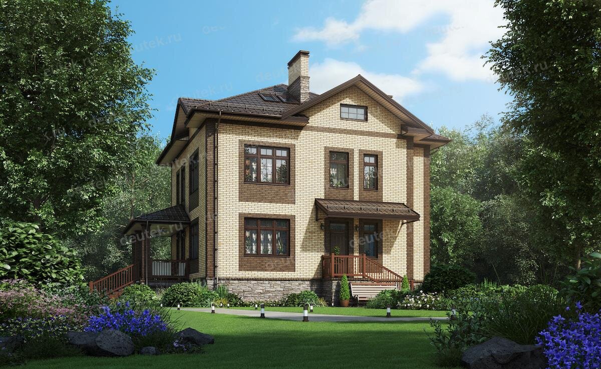 Проект двухэтажного дома 304 м2 с цокольным этажом, сауной и террасой - SK-103