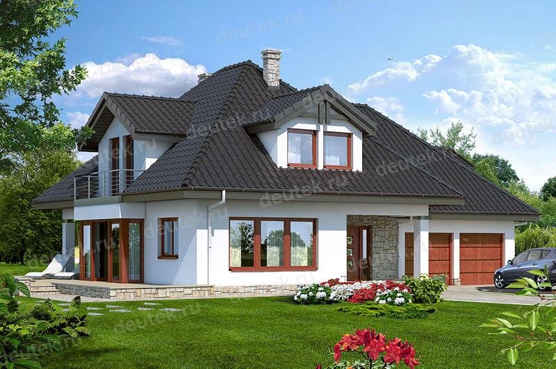 Проект мансардного дома 272 м2 с двухместным гаражом, балконом и террасой - DTV100213