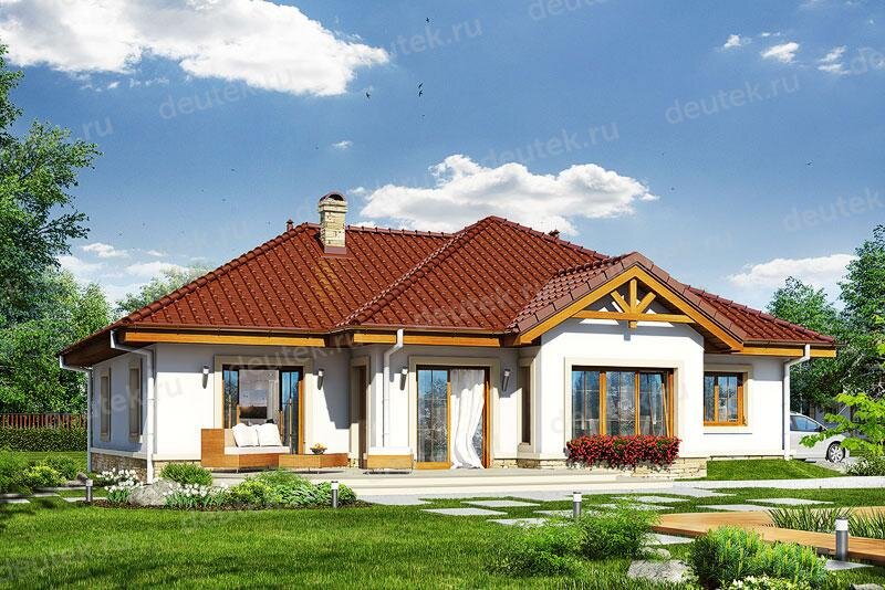 Проект одноэтажного дома 132 м2 из керамоблоков с одноместным гаражом и террасой - DTV100206