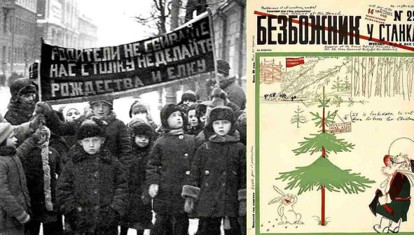 Советские дети с лозунгами против елки и рождества. Постер СССР очерняющий елку как символ