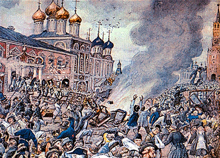 «Чумной бунт в Москве», акварель Эрнеста Лисснера.