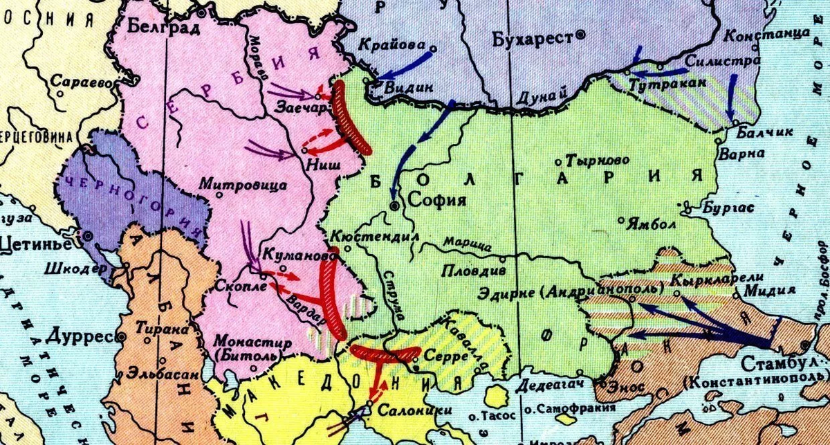 Карта Второй Балканской войны,
29 июня 1913 г. - 10 августа 1913 г.
