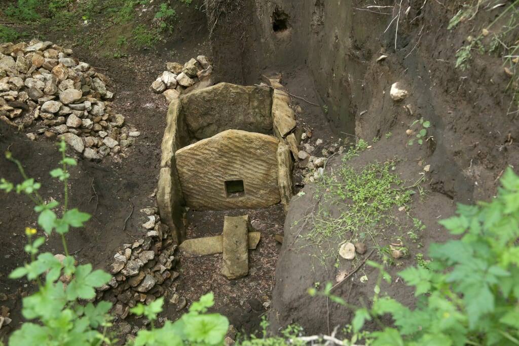 Один из дольменов урочища Клады (Адыгея). Двухкамерная гробница имеет крышу "домиком" и поперечную плиту-разделитель с квадратным отверстием, которое закрывалось каменной пробкой. Наличие дольменов свойственно только новосвободненскому варианту майкопской культуры.