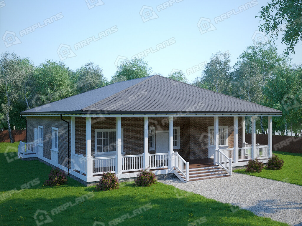 Фото 1 одноэтажного дома из газобетона с 3 спальнями, газовой котельной и террасой. Полезная площадь 175 кв м. Источник arplans.ru Проект К-143