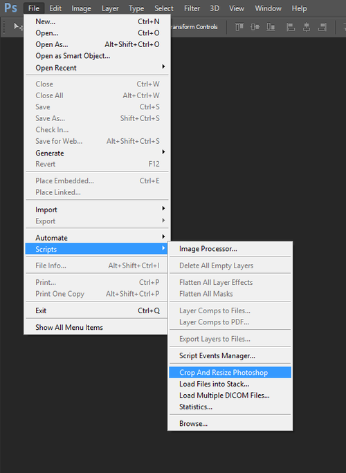 Иллюстрация 2. Запуск скрипта Crop And Resize Photoshop
