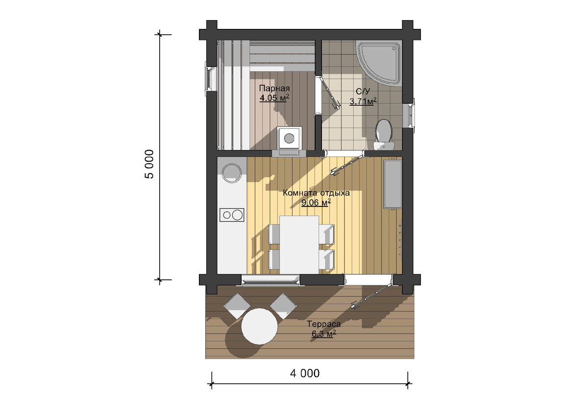 Одноэтажная баня 4X5 из бревна с кухней-гостиной и террасой | VOLDOMA | Дзен
