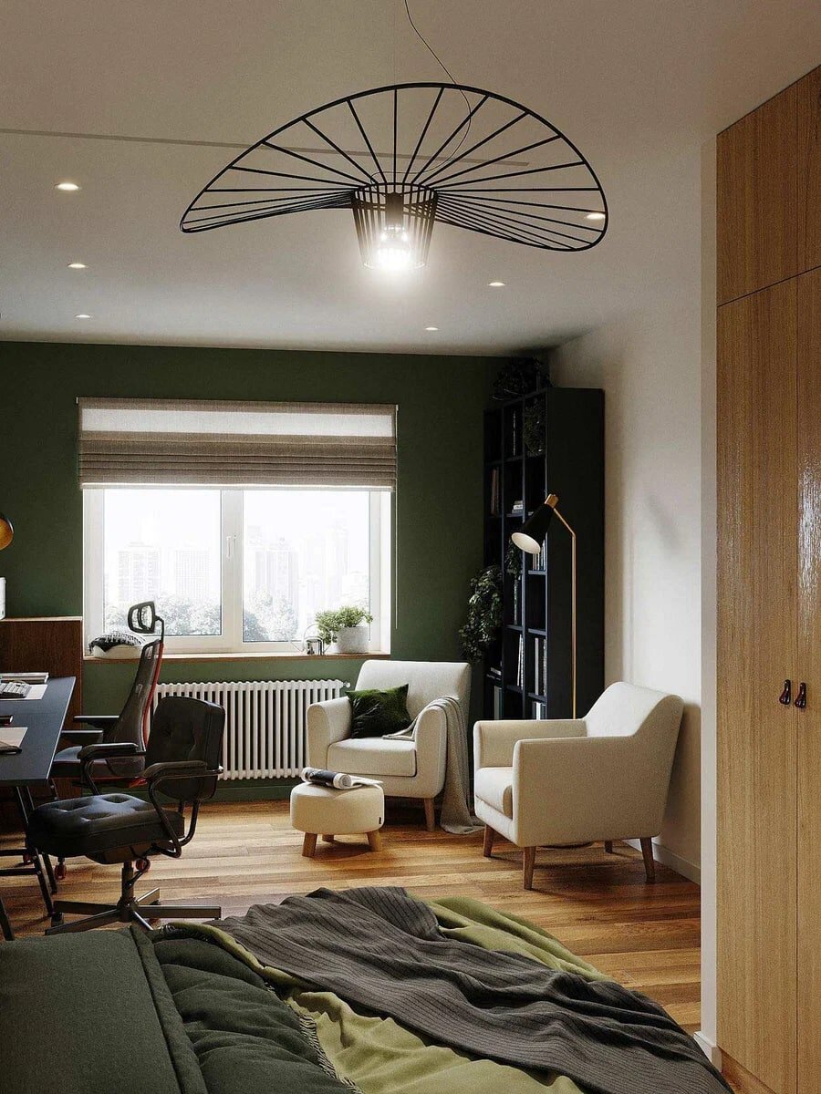 Зеленый, графитовый и светлое дерево. Элегантная однушка 48 кв.м., где уместилось всё необходимое
