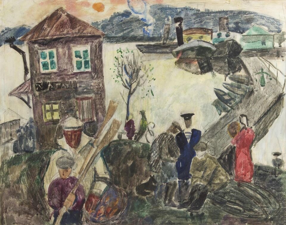 В.В. Ватенин. «Рыбаки», 1966 г., бумага, акварель, 405 x 448 см., Староладожский историко-архитектурный музей