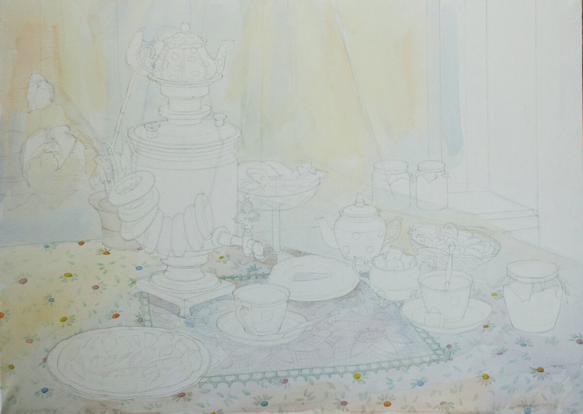 Ход работы над тематическим натюрмортом Чайный, выполненным в технике лессировка. Юлией Вернигор Рисунок №2