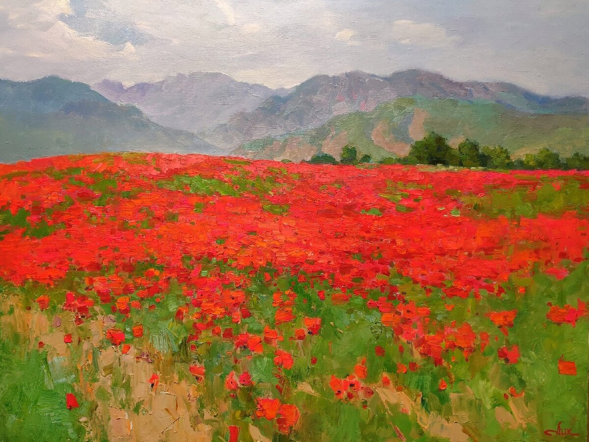 2. Алик Мамазияев. "Маковое поле". #холстмасло 60х80 см. 2021. Изображение отсюда: vk.com/alik_m_art