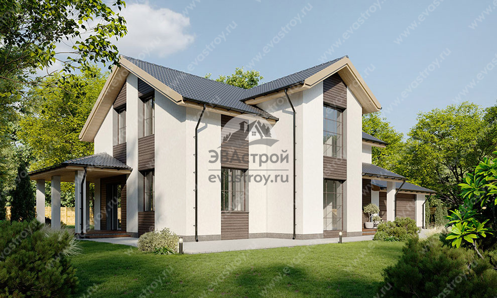 Проект двухэтажного дома 258 м2 в европейском стиле с гаражом, кабинетом и террасой  - SRK-80
