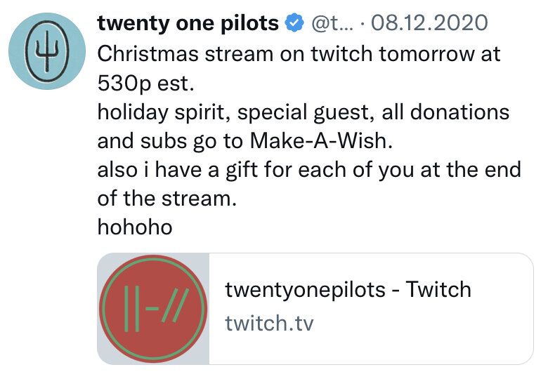Завтра рождественский стрим на Твиче.
Праздничное настроение, специальные гости, все пожертвования и подписки (ради новогодних стикеров с Нэдом) идут на Make-A-Wish (фонд, исполняющий желания тяжело больных детей).
Также у меня есть подарок для вас в конце стрима.
