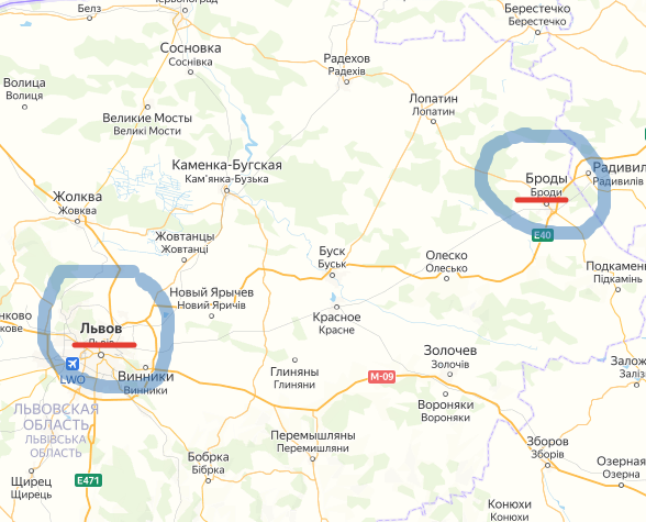 Броды - прикрывают Львов с востока. Создано на основе Яндекс-Карт