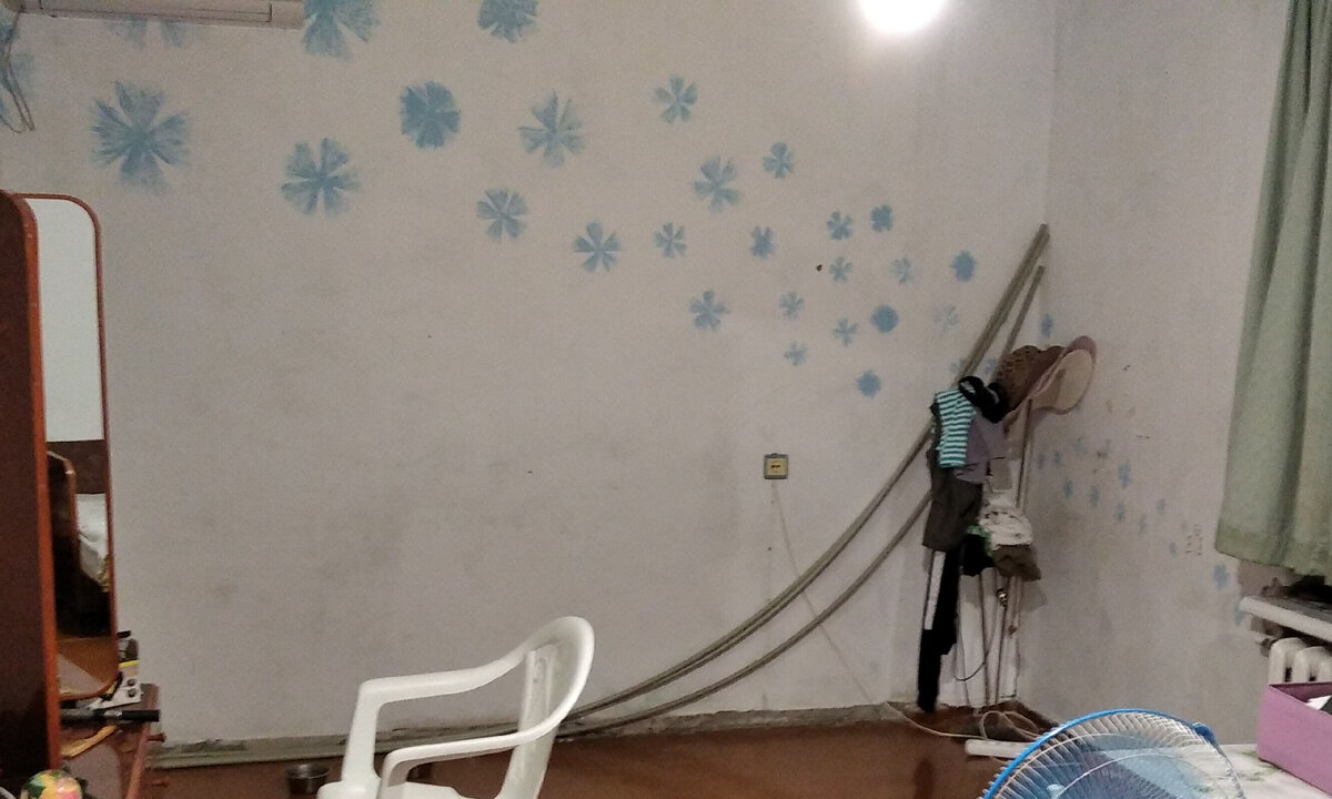 А это фото - уже через 2 года: уже выносим из комнаты мебель, готовим квартиру к демонтажу. Голубые цветы нас радовали два лета :)