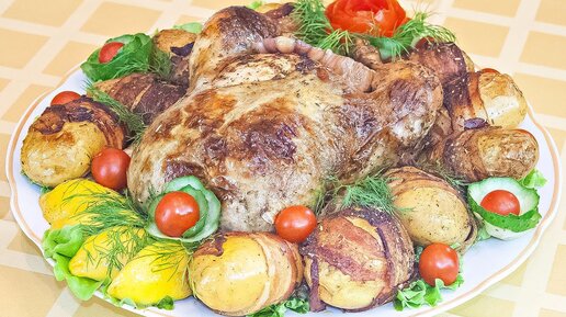 Курица, запеченная с лимоном и прованскими травами + Картофель, запеченный в беконе (2 рецепта)