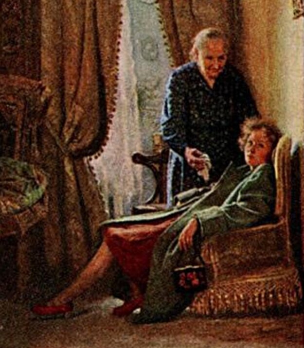 «Родное дитя на периферию» (фрагмент), художник А. Китаев, 1954 год.