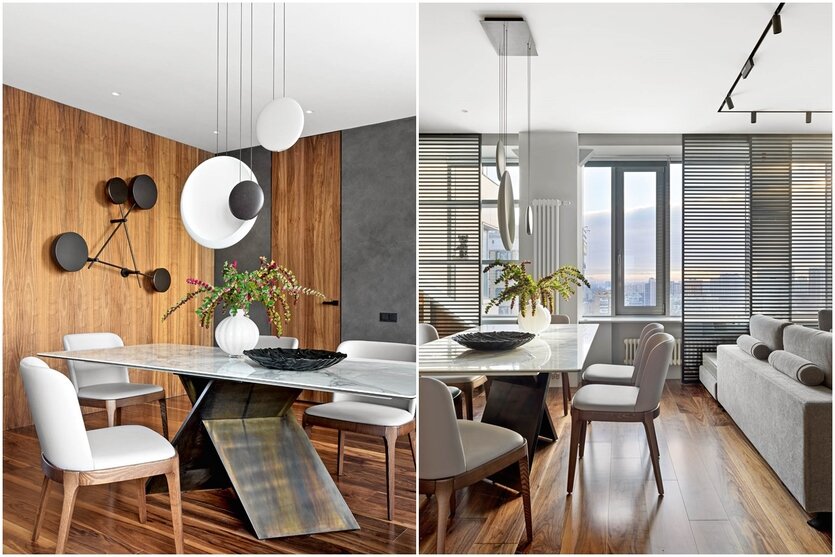 Зона столовой. Обеденный стол, Bonaldo. Стулья, Cattelan Italia. Подвесной светильник, Vibia.