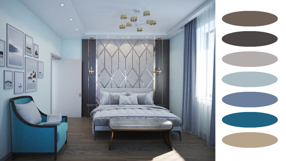 Спальня с сочетанием голубых, бирюзовых серо-коричневых и золотистых оттенков (дизайнеры Андрей и Екатерина Андреевы).
