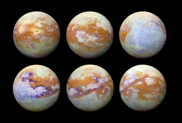    Мозаика поверхности Титана по инфракрасным снимкам аппарата «Кассини» / ©NASA/JPL-Caltech/University of Nantes/University of Arizona