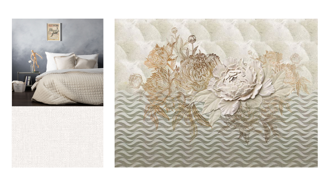 Фреска для стены за кроватью, фоновые светлые обои и покрывало в цвет рисунка