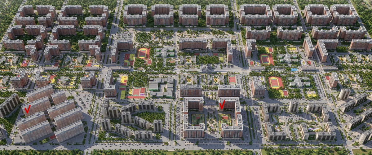 Микрорайон Самолеты. Галочками отмечены дома, в которых находятся предлагаемые сегодня квартиры.