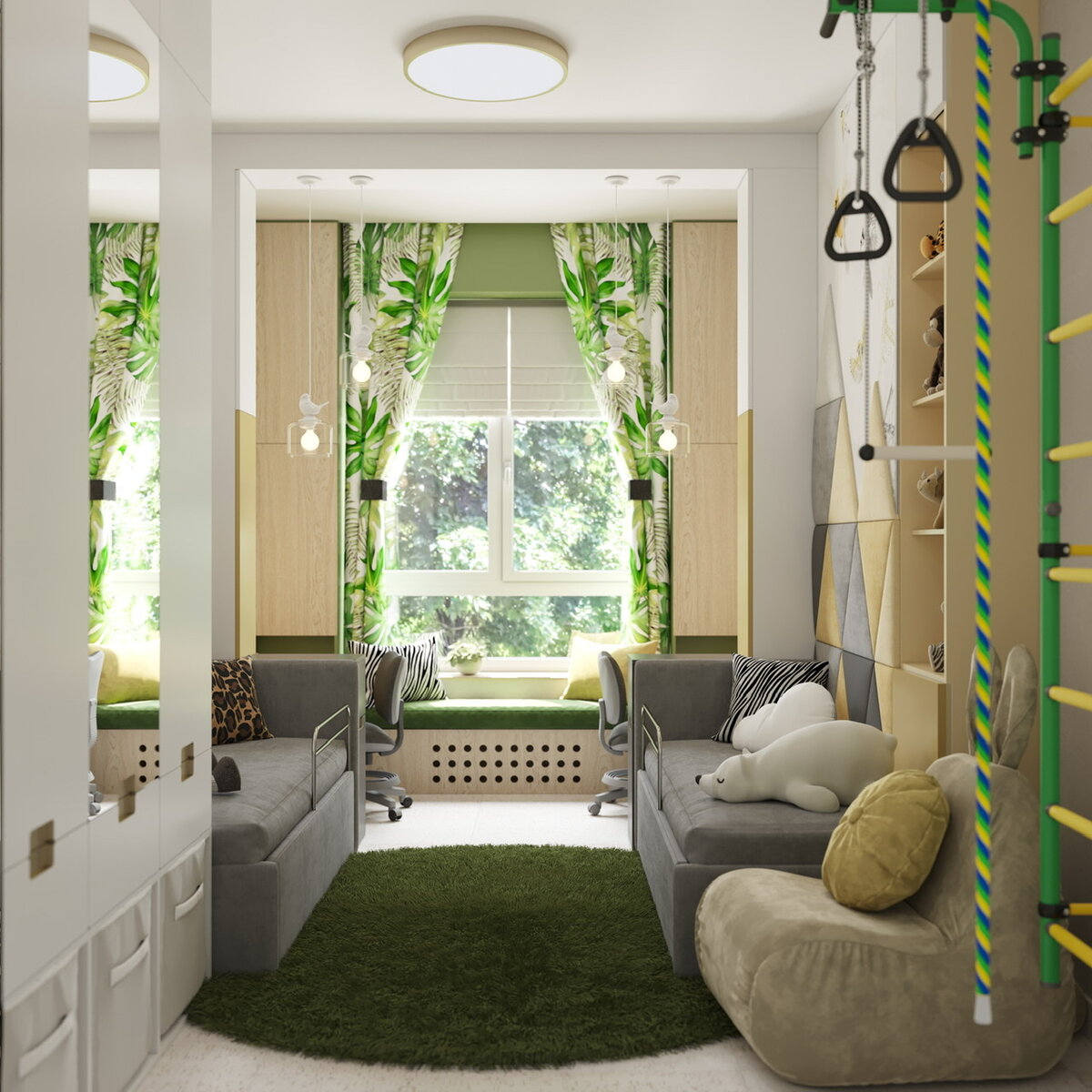 У каждого ребёнка своя кровать и обязательным условием мамы было - обойти стороной двухъярусные решения! Мягкий подоконник для няни, расположен рядом с двумя рабочими местами, чтобы каждому давать своё внимание во время развивающих занятий