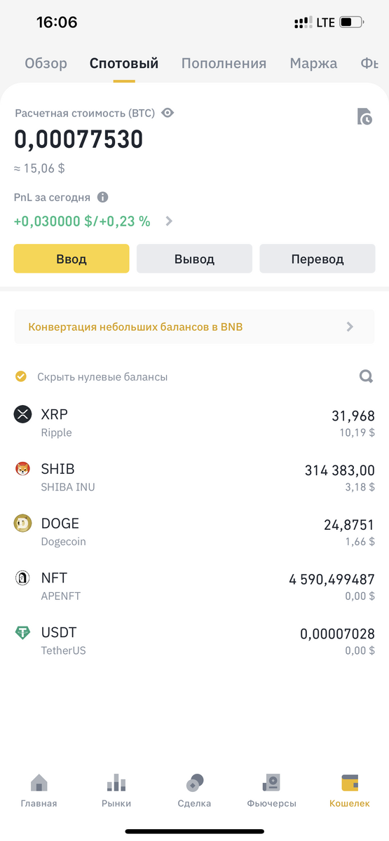 Сегодня мы купили на 10$ Ripple. Общая стоимость кошелька 15,06 $