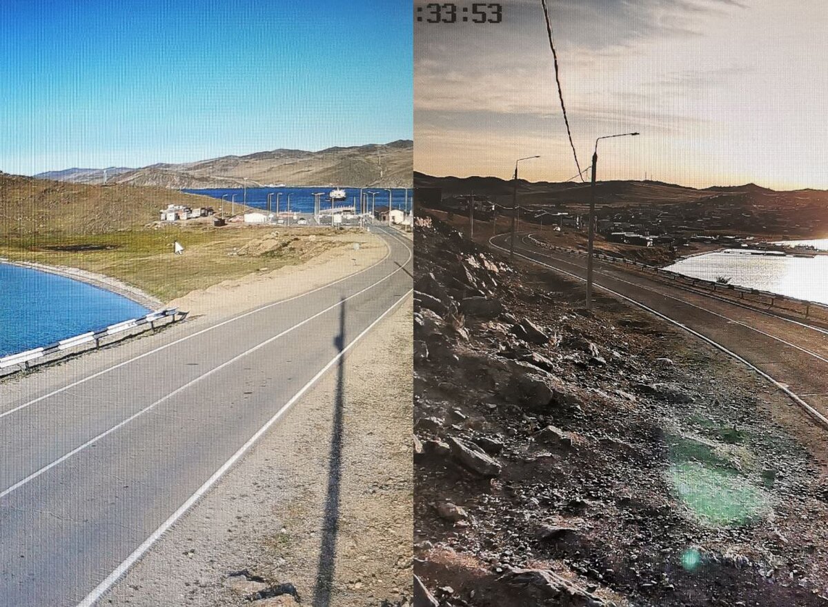 Столбы на Ольхоне. Камеры видеонаблюдения на дорогах. Переправа в Иркутской области.