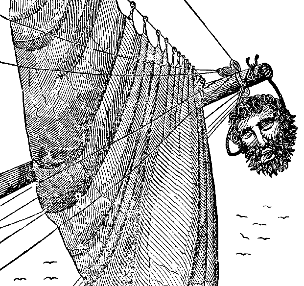 Голова пирата Черная борода на бушприте парусника Р.Мейнарда