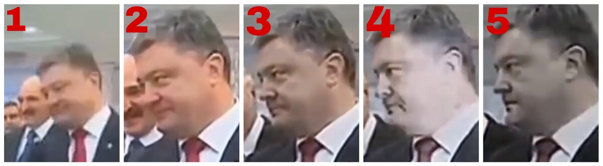 1-пожимает руку Кэтрин Эштон и улыбается; 2-увидел Путина; 3,4,5-у Порошенко резко пропадает улыбка и расширяются веки.