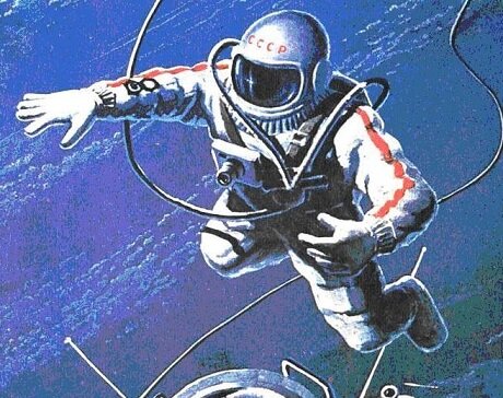 Космонавт в открытом космосе. Фал - страховочный трос - виден на изображении.