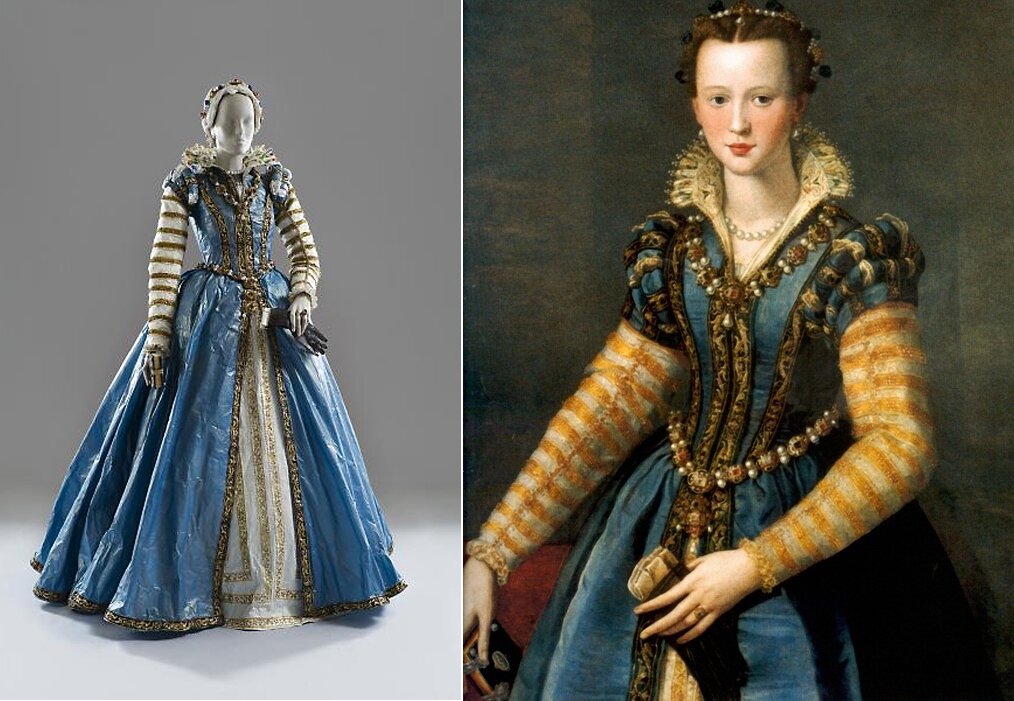 Слева - скульптура, изображающая Марию Медичи, справа - портрета кисти Алессандро Аллори, 1555, из коллекции Музея истории искусств (Вена)