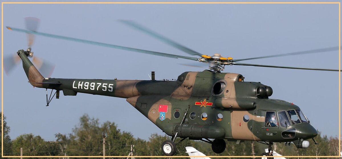 Ми-171 ВВС НОАК.   Ми-171 — советский/российский гражданский транспортный вертолёт, разработанный ОКБ М. Л. Миля, модификация вертолёта Ми-8 (Ми-17) — Ми-8АМТ (экспортный вариант называется Ми-171Е). 
Военная модификация вертолёта Ми-8АМТШ (Ми-171Ш, "Ш" — штурмовой) принята на вооружение в 2009 году(данные википедии).