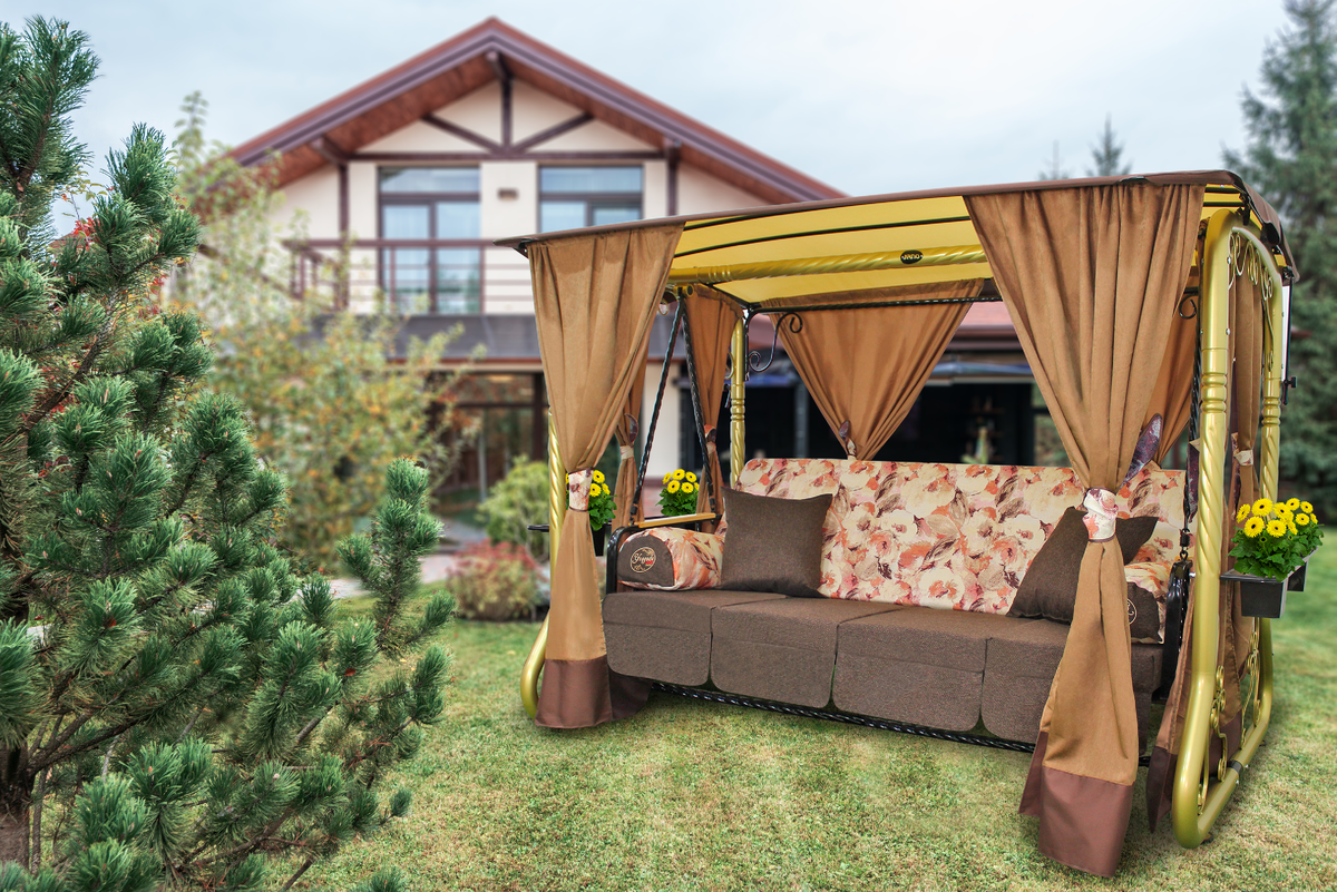 На фото: садовые качели "Усадьба" золото