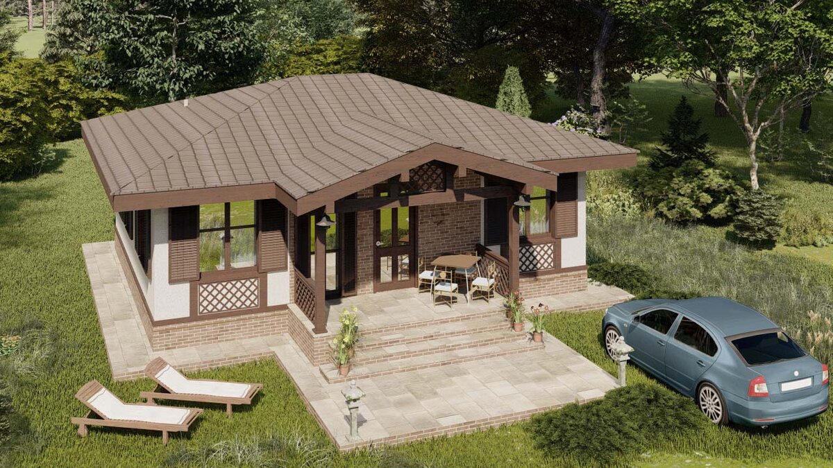 Коттедж выполнен в средиземноморском стиле. Он может органично смотреться как на открытом участке, так и в окружении сада или леса.