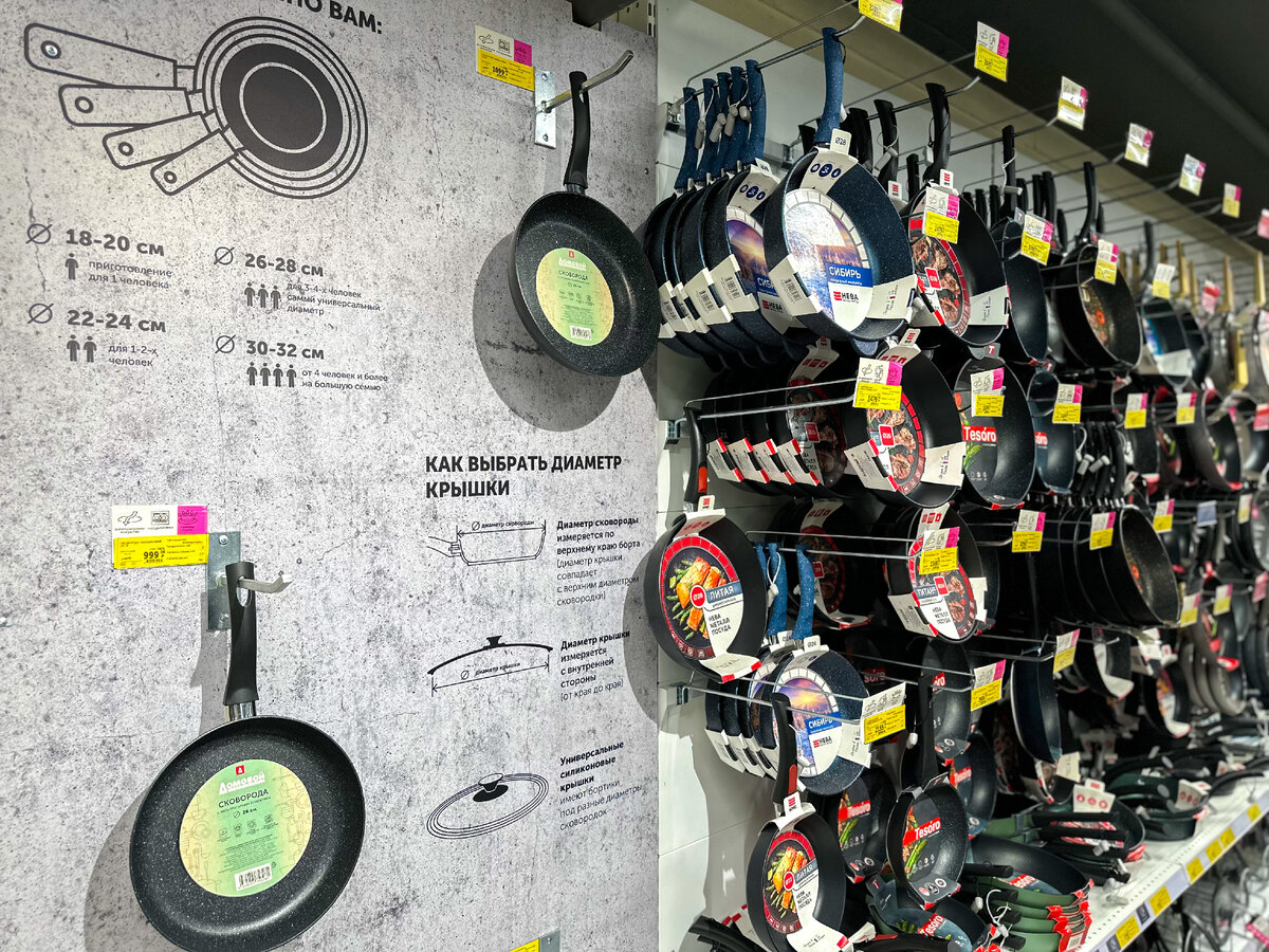 ТД "Домовой", отдел сковород. На стендах с посудой установлены постеры с важной, вспомогательной информацией по выбору товара. 