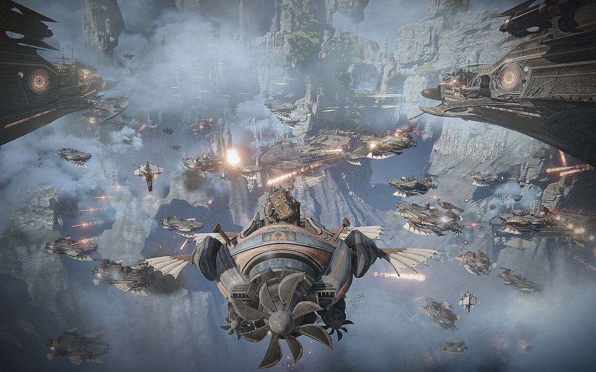 Воздушная осада на одном из закрытых бета-тестов A:IR. Все летающие корабли на скриншоте управляются игроками.