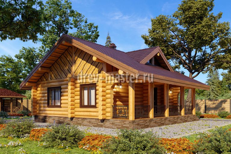 3D визуализация фасада дома из бревна и террасы 