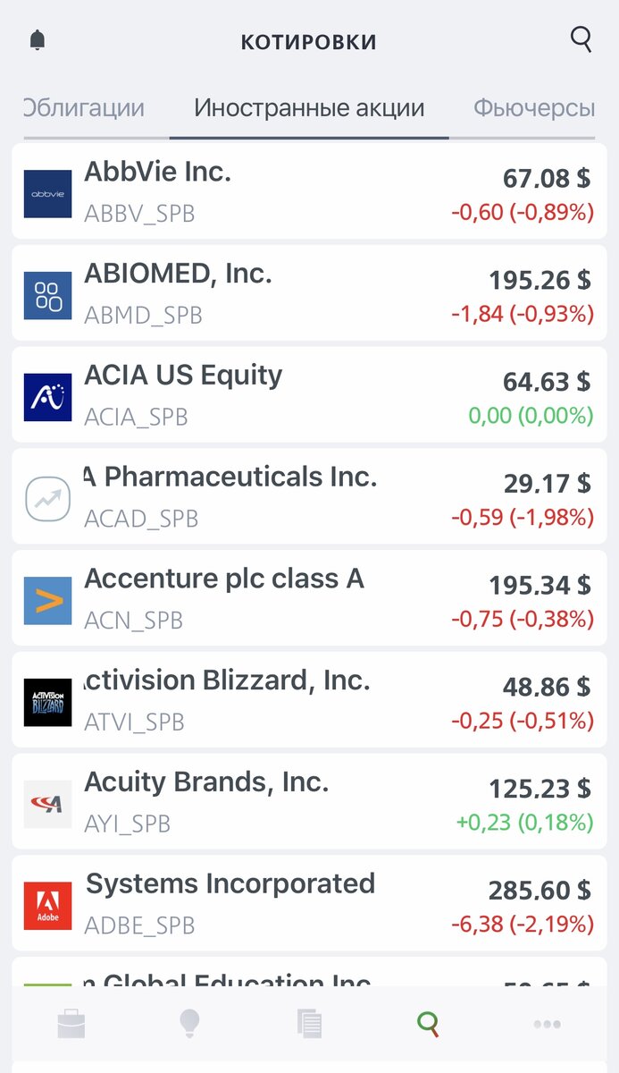 Меню "Витрина", далее "Иностранные акции", выбираем акцию (фото автора)