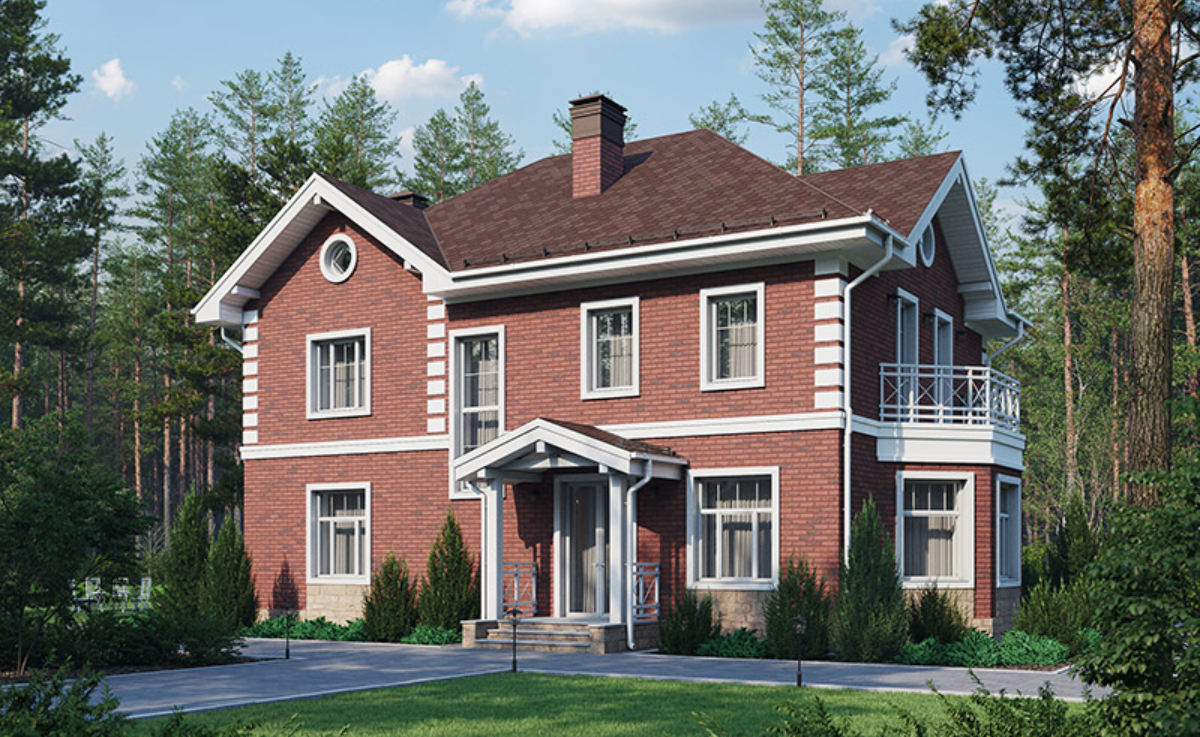 Для облицовки здесь использован кирпич бордового цвета Terca, Forum Portsmouth. Фото: houseplans-wb.ru