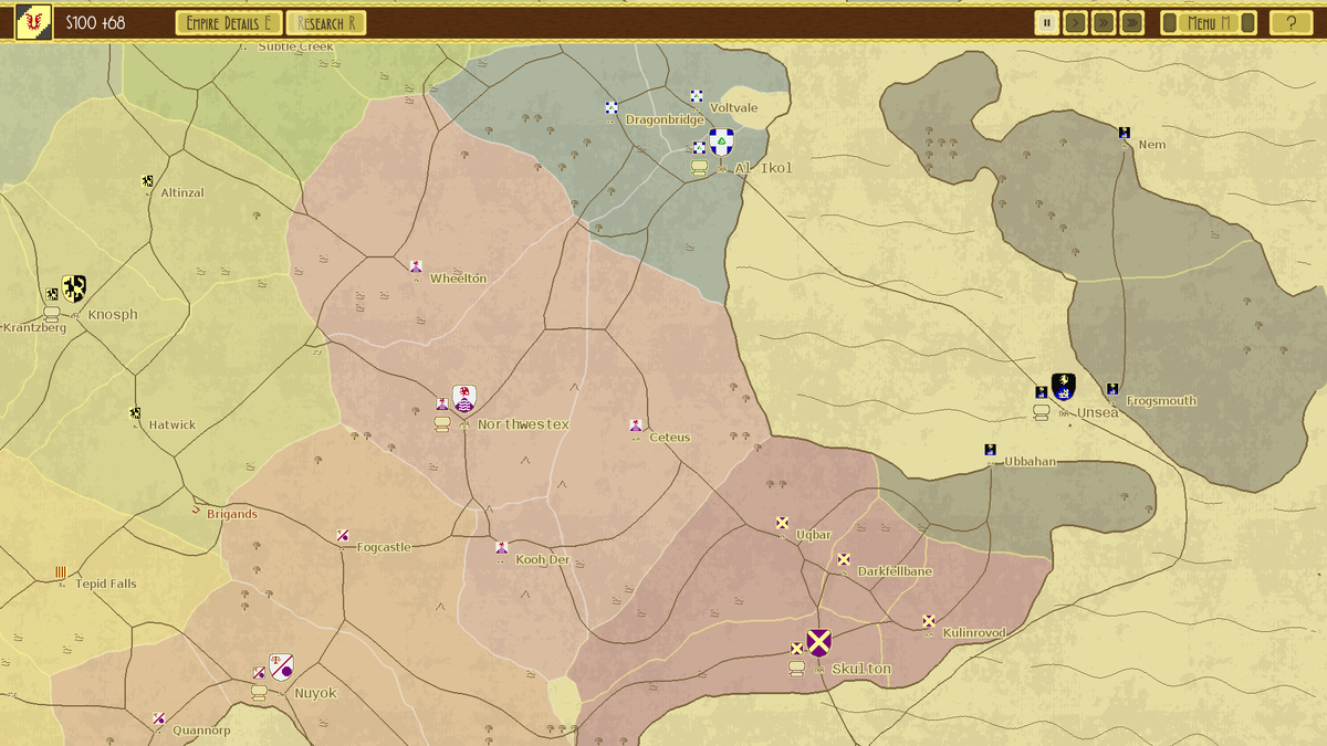 карта режима завоевания, на карте есть столицы, где можно строить технику(герб столицы в виде щита с флагом вашей фракции)