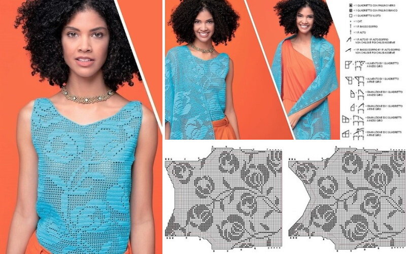 Летний топ-маечка и палантин связаны в филейной технике крючком. Фото и схемы взяты из интернета в бесплатном и свободном доступе