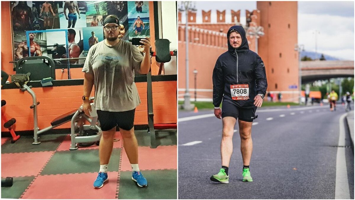 Разница между фотографиями — полтора года. На втором снимке я финиширую шагом на Московском Марафоне