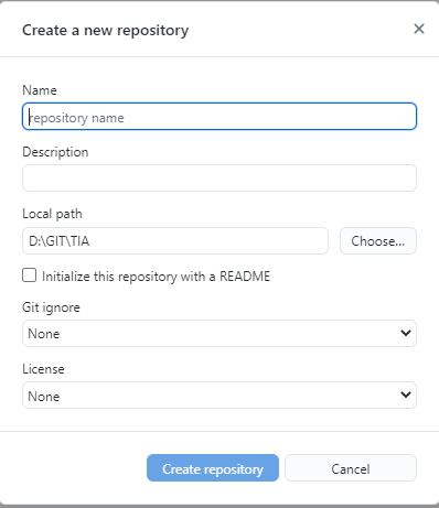 Форма создания нового репозитория